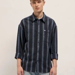 The Bear House Black Cotton Blend Relaxed Fit Stripes Shirt-image-63