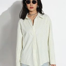 Showoff Green Cotton Relaxed Fit Striped Shirt-image-74