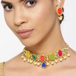 Priyaasi Gold-Plated Kundan and Geometric Shape Multicolor Stones Studded Jewellery Set-image-49