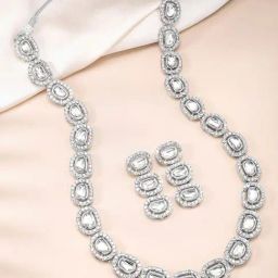 Peora Silver Plated White Kundan & Cubic Zirconia Long Necklace Earrings Set-2