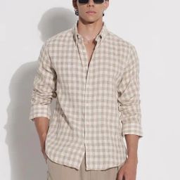 Showoff Beige Cotton Relaxed Fit Checks Shirt-image-78