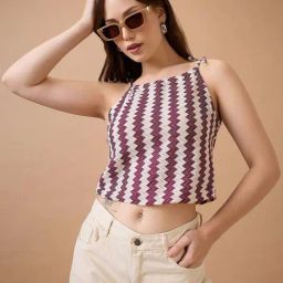 Globus Women Maroon Square Neck Tie-Up Strappy Shoulder Self Design Crochet Crop Top-image-3