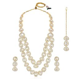 Peora Gold Plated White Synthetic & CZ 2 Layer Necklace Earrings & Maangtikka Set-11