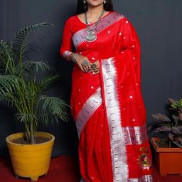 SHUBHKALA Red & Silver Silk Woven Saree With Unstitched Blouse-image-59