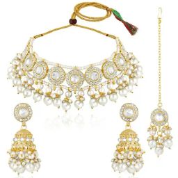 Peora Gold Plated White CZ Crystal & Beads Studded Necklace Earrings & Maangtikka Set-44