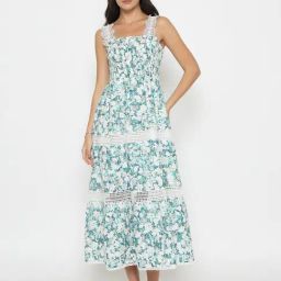 Madame White Cotton Regular Fit Floral Print Dress-image-34