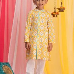 VASTRAMAY Boys Yellow & White Printed Full Sleeves Kurta Sets-image-79