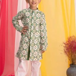VASTRAMAY Boys Green & White Printed Full Sleeves Kurta Sets-image-16