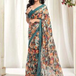 Satrani Rama Green & White Floral Print Saree With Unstitched Blouse-picture-5