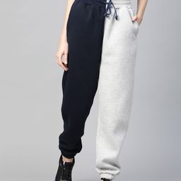 Fitkin Women Grey Melange and Navy Blue Colourblocked Winter Joggers-image-7