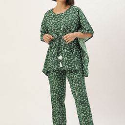 SANSKRUTIHOMES Women Green & White Printed Cotton Night suit-16
