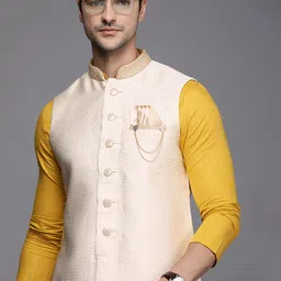 Manyavar Men Cream-Coloured Jacquard Design Nehru Jacket-image-67
