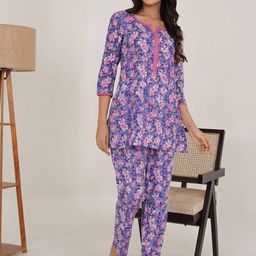 GULABI DORI Printed Notch Neck Pure Cotton Tunic With Trouser-image-4