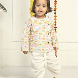 Polka Tots Full Sleeves Elephant Print Ethnic Kurta With Dhoti - White-picture-15