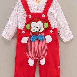WOW Clothes Full Sleeves Cotton T-shirt with Dungaree with Monkey Patch and Bow Applique- Red (Bow & Button Color and T-Shirt Print May Vary)-36