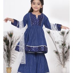 Little Bansi Full Sleeves Sequin Mirror Work Yoke Gathered Kurta With Sharara & Dupatta - Blue-picture-20