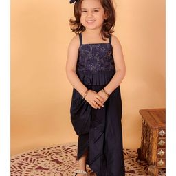 Vastramay Sleeveless Floral Embroidered & Sequin Embellished Pleated Hem Crop Top With Mock Dhoti Style Draped Skirt - Navy Blue-image-5