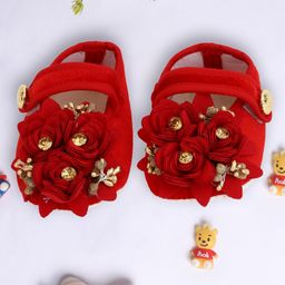 Coco Candy Floral Applique Detailed Velvet Booties - Red-image-24
