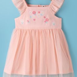 ToffyHouse Cotton Woven Frill Sleeves Floral Embroidered Mesh Party Frock - Light Peach-picture-48