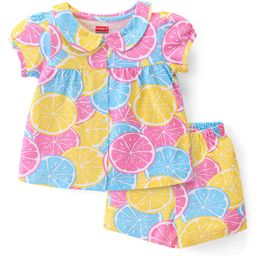Babyhug Cotton Knit Single Jersey Half Sleeves Night Suit With Lemon Print - Multicolour-image-4