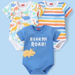 Babyhug 100% Cotton Knit Half Sleeves Onesie With Animal Print Pack of 3 - Multicolor-image-100