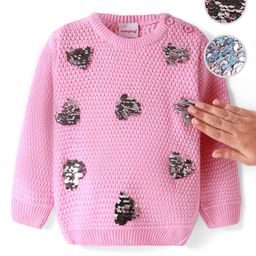 Babyhug Knitted Full Sleeves Pullover Sweater With Sequined Heart Design - Pink-image-67