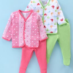 OHMS Single Jersey Knit Full Sleeves Footed Night Suit With Fishes & Hearts Print Pack Of 2 - Green & Pink-image-39