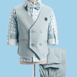 Rikidoos Cotton Full Sleeves Abstract Printed Shirt With Textured Waistcoat Pant & Bow Set - Sea Green-image-62