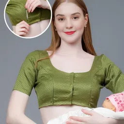 Dummy Shape Cotton Half Sleeves Abstract Foil Printed Maternity Blouse With Nursing Access - Olive Green-picture-16