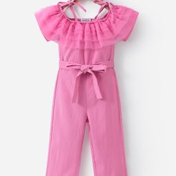 Mark & Mia Sleeveless Solid Jumpsuit With Bow Applique & Frill Detailing - Pink-image-18