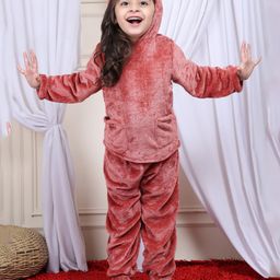 NEUDIS Fleece Knit Full Sleeves Solid Coordinating Night Suit Set - Rust Orange-picture-47