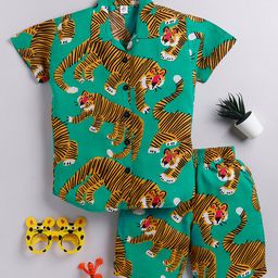 Clt.s Rayon Woven Full Sleeves Tiger Printed Coordinating Night Suit Set - Green-image-2