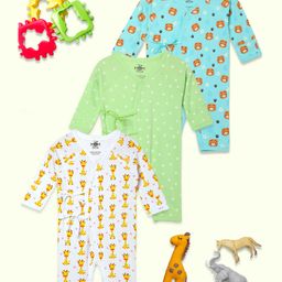 The Mom Store Cotton Pack Of 3 Full Sleeves Animals & Floral Printed Rompers - Multi Colour-picture-17