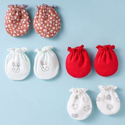 Ben Benny 100% Cotton Knit Mittens with Floral & Animal Pack of 4 - Red White & Light Brown-picture-7