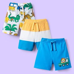 Babyhug Cotton Single Jersey Knit Mid Thigh Shorts With Stripes & Animal Print Pack Of 3 - Light Blue Yellow & White-image-88