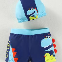 Babyhug Swimming Trunk With Dino Print & Swimming Cap - Navy Blue-image-90