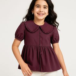 Arias 100% Cotton Half Puffed Sleeves Peter Pan Collared Frock Style Top with Frill Detailing at Collar - Maroon-image-25