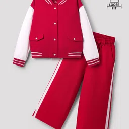 OLLINGTON ST. Cotton Winterwear Set Of Printed Full Sleeves Varsity Jacket & Trackpants -Red & White-picture-35