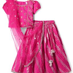 Babyhug Woven Half Sleeves Brocade Choli Lehenga With Dupatta Set - Pink-image-95