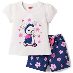 Babyhug Cotton Knit Half Sleeves Shorts Night Suit with Bunny Hearts & Floral Print - White & Navy Blue-image-90