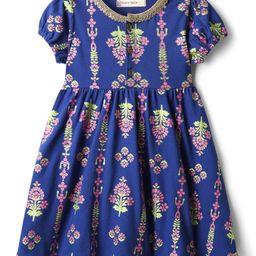 EARTHY TOUCH Single Jersey Knit Half Sleeves Ethnic Frock With Floral Print - Navy Blue-image-48