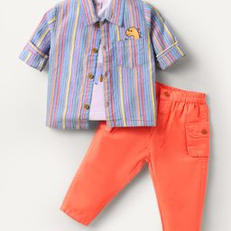 WOW Clothes Sinker Knit Full Sleeves Striped Shirt & Trouser Set With T-Shirt & Dino Print - Blue-image-93