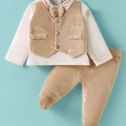 ToffyHouse Interlock Knit Full Sleeves T-Shirt & Pant with Attached Waistcoat & Bow Applique - Tan-image-20