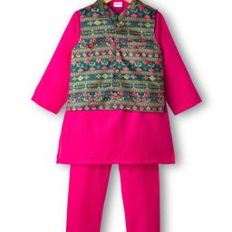 Babyhug Cambric Full Sleeves Kurta Pajama Set with Jacket & Floral Print - Fuchsia-picture-19