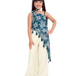 Tiny Kingdom Sleeveless Floral Embroidered & Sequins Embellished Top & Palazzo With Neck Belt Set - Blue-picture-14