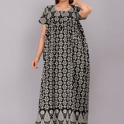 AAKARSHANA Black Pure Cotton Maxi Printed Nightdress-image-99