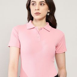 AVANOVA Women Shirt Collar Ribbed Fitted Top-image-98