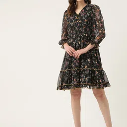 Antheaa Black Floral Print Smocked Chiffon Fit & Flare Dress-image-84