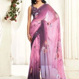 Satrani Pink Floral Print Saree With Unstitched Blouse-picture-37