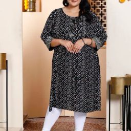 Miravan Black Bandhani Straight Plus Size Kurti-image-52